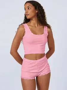 Fatos de treino feminino pijama duas peças conjunto sólido renda casual shorts terno sexy camisolas tanques lingerie noite senhoras loungewear homewear