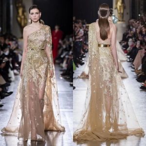 Elie Saab 2024 aftonklänningar Guldapplikationer En axel långärmad rygglös promklänningar formella specialtillfällen klänning Abendkleider
