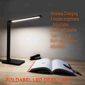 Tabelllampor 3 ljusstyrka lägen Justerbar LED-skrivbordslampa trådlös laddstation LED Läsning Ljus typ-C-kontakt i USB-uttag LED-bordslampa YQ240316