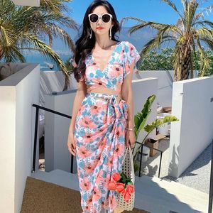 Roupa de banho feminina floral impressão nó frente biquinis plissado cintura alta maiô com saia praia feminino maiô 3 peças