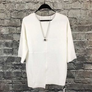 Men's T-Shirts New mens simple pure white loose t-shirt Korean version of the round neck youth irregular hem shoulder slippery large size non- Q240316