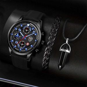 Other Watches Mens Fashion Man Luxury Casual Leather Quartz Wrist Calendar Male Classic es Bracelet Set Y240316