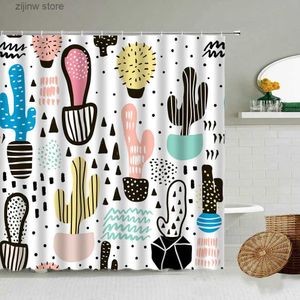 Shower Curtains Cartoon Cactus Shower Curtain Hand-painted Plant European Style Home Child Bathroom Wall Decor With Hook Waterproof Bath Screen Y240316