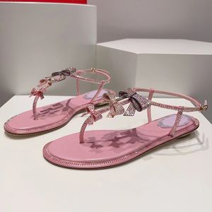 Estilo doce mulheres sandálias planas dedo do pé aberto verão chegam novas femininas designer de luxo de alta qualidade com strass arco-nó decoração sandálias femininas