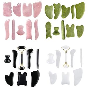 Natural Stone Guasha Board Set Rose Quartz Obsidian Jade Massager Gouache Scraper Lift Acupuncture Skin Care Tools 240313