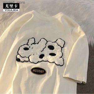 Men's T-Shirts 100% Pure Cotton Japanese Style Dog Plush Design Short Sleeve T-shirt Women Couples Loose All-match Top Q240316