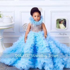 Girl Dresses Luxury Sky Blue Flower Girls Dress Tired Ruffle Crystal Beading Rhinestones Feathers Ball Gowns African Child Birthday Party