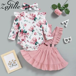 Vestidos ZAFILLE Flroal Bebê Menina Roupas Conjunto Inverno Rosa Rosa Bodysuit Romper + Suspenderr Saias + Bandana Criança Crianças Roupas Menina Vestido