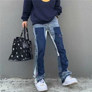 Y2K Jeans Painting Patch Baggy Stacked Jeans Y2K Cargo Flare Hose für Männer Kleidung gewaschene blaue Denim Hose Hose für Herren 240309