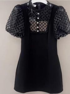 24 Spring/Summer self porter * ait sequin studded black mesh patchwork beads, bubble hollow lantern sleeves, waistband A-line waistband, elegant diamond inlaid dress