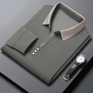 Herbst Herren Langarm Poloshirt Business Casual Slim Elastic Top Mode Scherenkragen Einfarbig 240315