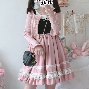 Klänningar rosa kjol för söt tjej band spets trim elastisk midja lolita stil sommar mini kjolar kawaii kläder