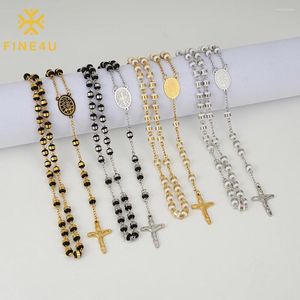Pendant Necklaces FINE4U Stainless Steel Rosary White Black Beads Necklace Catholic With Metal Virgin Mary Jesus Crucifix
