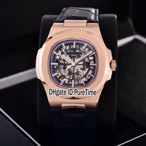 New Classic 5711 Rose Gold Blue Skeleton Big Logo Asia 2813 Automatic Mens Watch Blue Leather Strap Watches 12 Colos Puretime PB302346