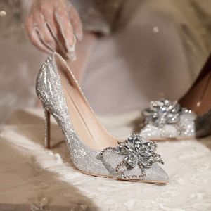 Champanhe Gretel Chuveiro Nupcial Sapatos de Casamento Mulheres Salto Fino Apontado Boca Rasa Francês Cinderela Cristal Salto Alto