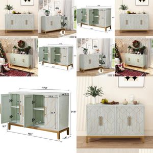 Matsalsmöbler 48 Accentskåp med 4 dörrar och Shees Modern Credenza Storage Gold Trim Green Buffet For Living Kitchen Dro Otd5R