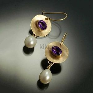 Dangle Chandelier Vintage Gold Color Simulated Pearl Earrings Purple Stone Disc Pendant Dangle Earring For Women Elegant Fashion Jewelry 24316