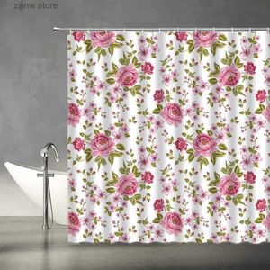 Shower Curtains Vintage Floral Shower Curtains Pink Rose Chic Flower Green Leaves Fashion Style Girl Woman Print Fabric Bathroom Decor Set Hooks Y240316