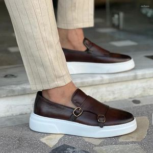 Scarpe casual da uomo marroni Vulcanize con doppia fibbia Monaco nero slip-on pigri fatti a mano da uomo