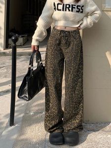 Jeans da donna Vintage Stampa leopardata Pantaloni a vita alta in denim a gamba larga da donna 2024 Streetwear Moda Casual Baggy Y2k