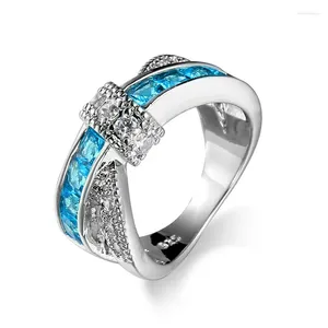 Cluster Rings 7 Color Light Blue Cross Ring Fashion 925 Sterling Silver Filled Jewelry Vintage Wedding For Women Birthday Stone Gift