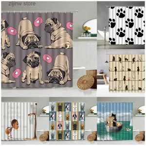 Tende da doccia Hippie Pug Tenda da doccia Set Animal Cartoon Love Bulldog Tessuto impermeabile Bambino Bagno Tende da bagno Gancio con decorazione Y240316