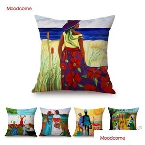 Cushion/Decorative Pillow Fashion Black Woman African Art Africa Daily Life Harvest Party Oil Painting Home Decor Sofa Case Drop Del Dhg8E