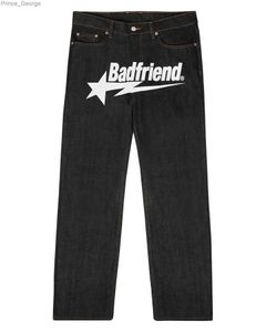 Men's Jeans 2023 Mens Women Harajuku Punk Rock Wide leg Denim Trousers Streetwear Y2k Jeans Hip Hop Badfriend Letter Print Baggy Black PantsL2403
