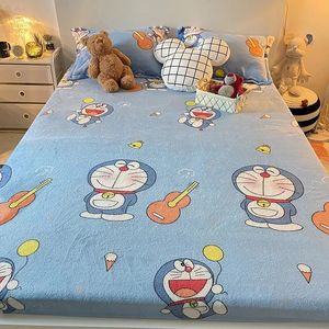 Doraemon Cartoon Bed Hat Sheet Thicked Flanell Cute Sheet Allinclusive Nonslip Dormitory Bedstred 240304