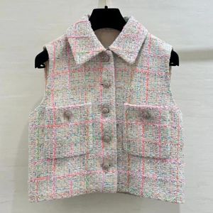 Gilet da donna 2024 Plaid Tweed Fodera in seta Breve risvolto Gilet senza maniche Cappotto Femminile Giacca di marca di alta qualità Designer Luxury