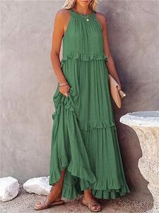 2023 sommer Lose Lange Dres Casual Elegante Rüschen Ärmellose Strand Kleider Weibliche Party TieUp Robe solide Boho prom 240301