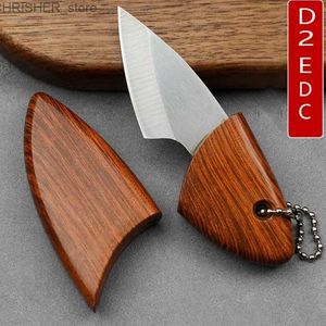 Tactical Knives Mini D2 Blade EDC Kitchen Fruit imitate Wooden Handle Knife with Wooden Sheath Outdoor Camping Multifunctional Unpacking KnifeL2403