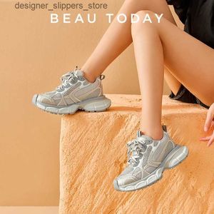 Dress Shoes Beautoday casual sports shoes womens breathable mesh mixed color stripe design thick sole platform 2023 womens handmade shoes 29478 Q240316