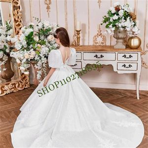 Girl Dresses Glitter Flower Dress For Wedding Short Sleeve Applique V-Neck Floor Length Birthday Party First Communion Ball Gowns