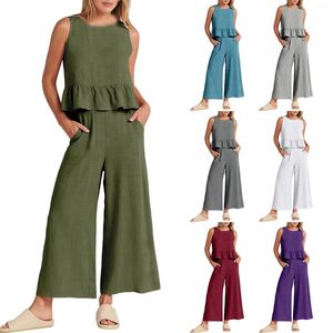 Roupas de ginástica femininas verão 2 peças roupas de cor sólida sem mangas plissado tanque colheita superior amplo estiramento mulher terno feminino todo macacão