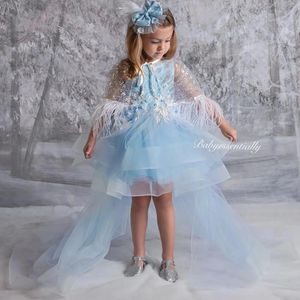 Girl Dresses Sky Blue Girls Pageant Sleeveless Children Birthday Gowns With Feathers Cape Hi Lo Little Pography