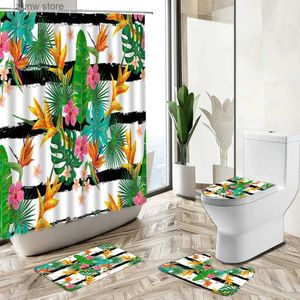 Duş Perdeleri Tropikal Bitki Çiçek Manzarası Duş Perdesi Avrupa tarzı banyo seti çizgili renkli kaymaz Halı Tuvalet Kapak Kat Mat Y240316