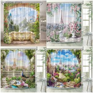 Duschgardiner Europeiska landskap Duschgardiner Paris Tower Flowers Plants Town Scenery Garden Wall Hanging Home Badrumdekor med krokar Y240316