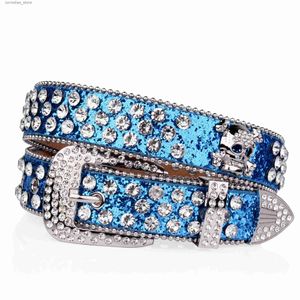 Bälten Rhinestone Skull Rivet Belt Blue Red Glitter Pu Belt Hip Hop Jeans Pants Belt Punk Cowboy Cowgirl Belts For Women Meny240316