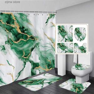 Shower Curtains Abstract Green Marble Shower Curtain Set Gold Line Texture Modern Geometric Home Bathroom Decor Carpet Bath Mat Toilet Lid Cover Y240316