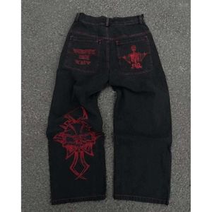 Dżinsy męskie harajuku y2k men vintage goth czaszka haft z umyciem szerokiej nogi streetwearu kobiety proste workowate worka 01 41