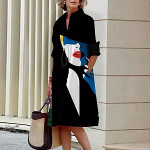 Casual Dresses Spring And Summer Women's Fashion Lapel Printed Long Sleeve Shirt Street Shooting High Temperament Traveling Gowns