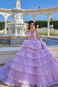 Cascading Tier Ruffles Lilac Purple Evening Dresses Sexy A Line Spaghetti V Neck Open Back Ruffles Long Prom Dresses Formal Vestidos BC18389