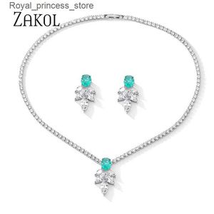 Wedding Jewelry Sets ZAKOL New Fashion Oval Ice Cracked Cubic Zirconia Earrings Necklace Jewelry Set Womens Wear Q240316