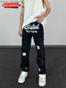 Męskie dżinsy High Street List haftowane smażone spodnie uliczne Hip Hop retro luźne męskie spodnie dżinsowe proste streetwearne dżinsy pantsl2403