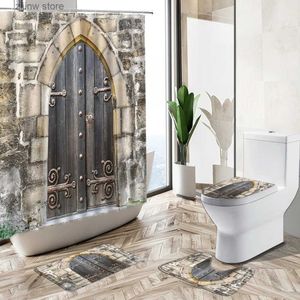 Shower Curtains European Retro Brick Wall Old Wooden Door Shower Curtain Set India Geometric Printing Bath Mat Toilet Lid Cover Bathroom Carpet Y240316