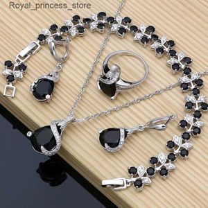 Wedding Jewelry Sets Strange Design 925 Sterling Silver Clothing Jewelry Set Black CZ Womens Earrings Fashion 2020 Necklace Set Trkiye Jewelry Q240316