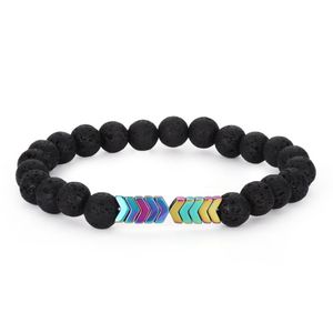 1 pçs pulseiras de pedra de lava vulcânica pulseira cura equilíbrio seta contas pulseira para homens mulheres yoga elástico mão corrente jóias2463