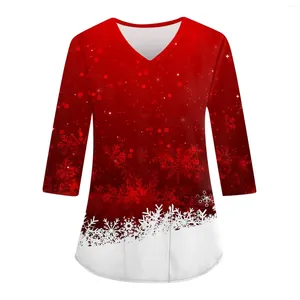 Kvinnors T-skjortor Autumn and Winter Work Suit T-shirt Top Loose V-Neck Pocket Christmas Print Three-Quarter Sleeve Camisetas