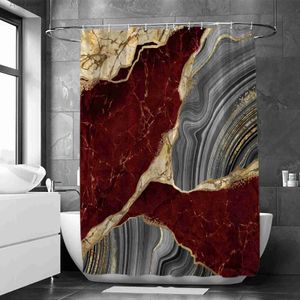 Cortinas de chuveiro 1 Pcs vinho vermelho mármore cortina de chuveiro à prova d'água luxuoso ouro crack decoração do banheiro com 12 ganchos de plástico Y240316